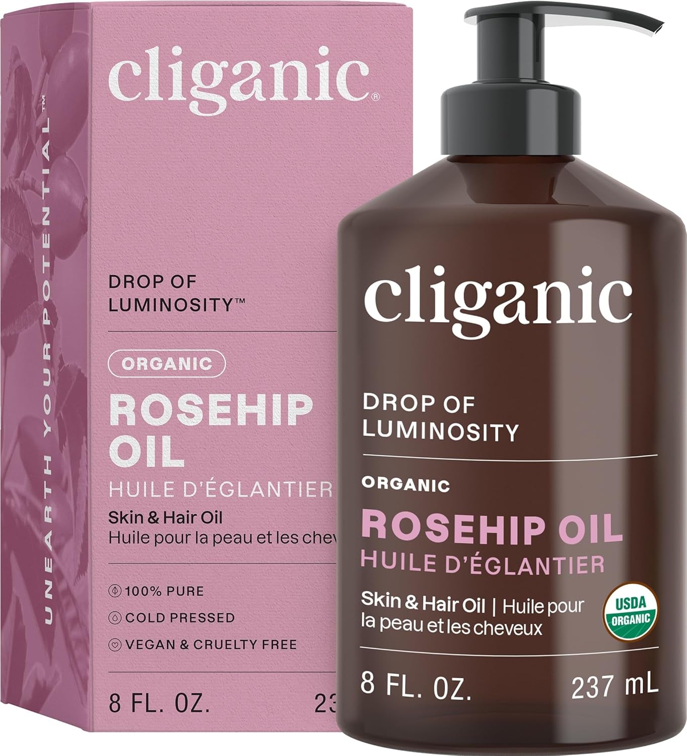Cliganic Organic Rosehip Seed Oil for Face, 100% Pure | Natural Cold Pressed Unrefined Non-Gmo | Carrier Oil for Skin, Hair & Nails (Packaging May Vary)