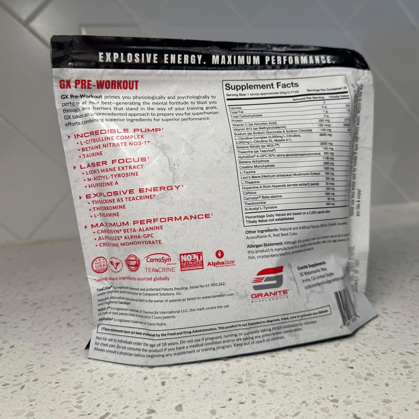 Granite GX Pre Workout Supplement, Sour Power Flavor, Supports Focus, Energy, & Performance with Teacrine, L-Citrulline, Betaine, & A-GPC (20 Servings)