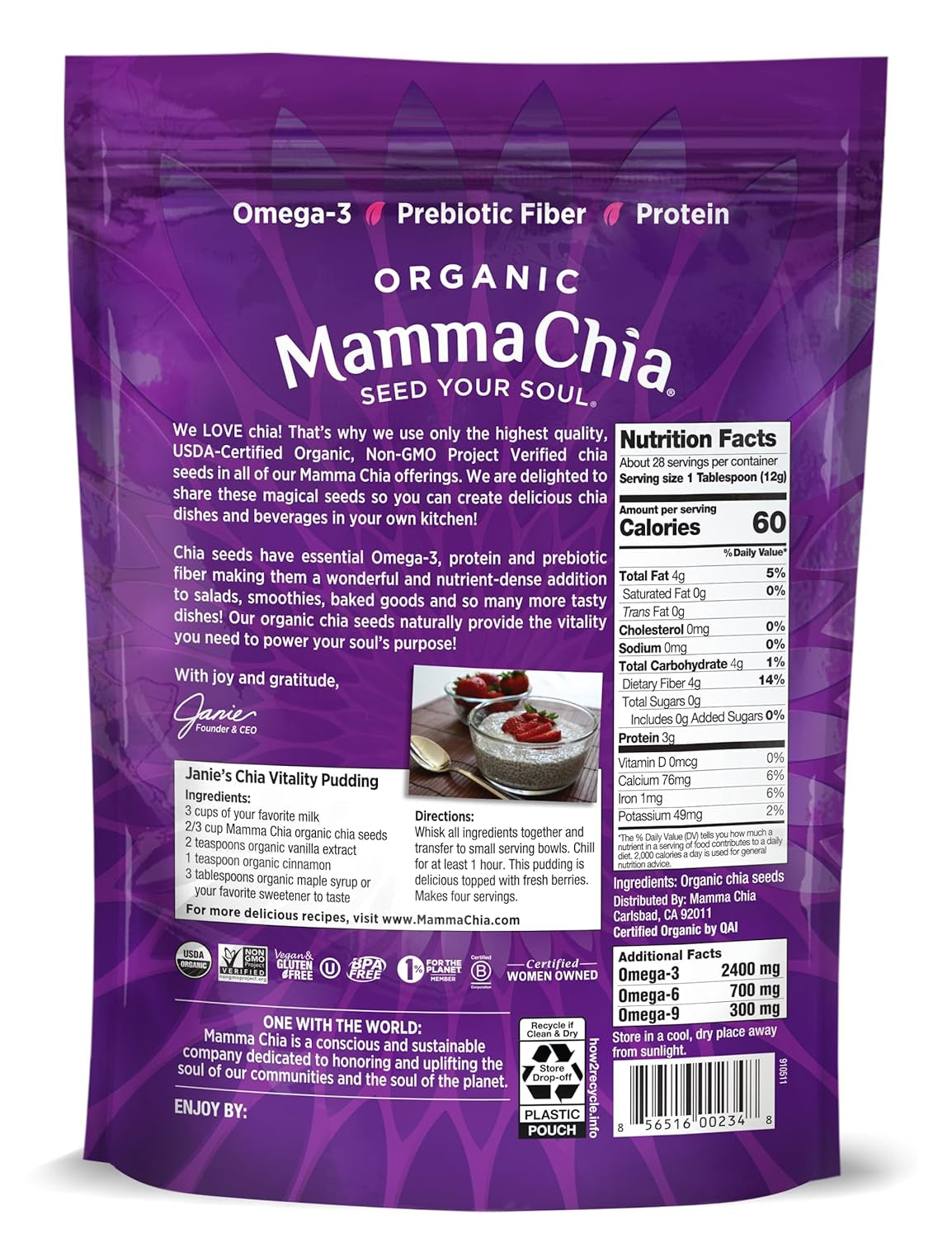 Mamma Chia Organic Seeds, White, 12 Ounce (Pack of 1). USDA Organic, Non-Gmo, Vegan, Gluten Free, and Kosher.