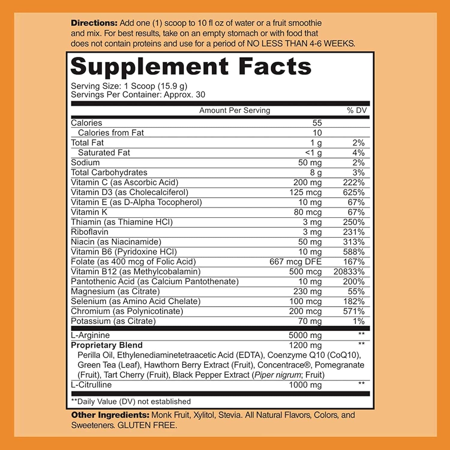Cardio Heart Health Powder – L-Arginine Supplement 5000Mg & L-Citrulline 1000Mg,16.82 Oz