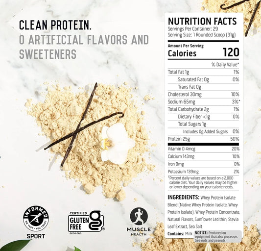 Ascent 100% Whey, Native Whey Protein Powder Blend, Vanilla Bean, 1 Lb