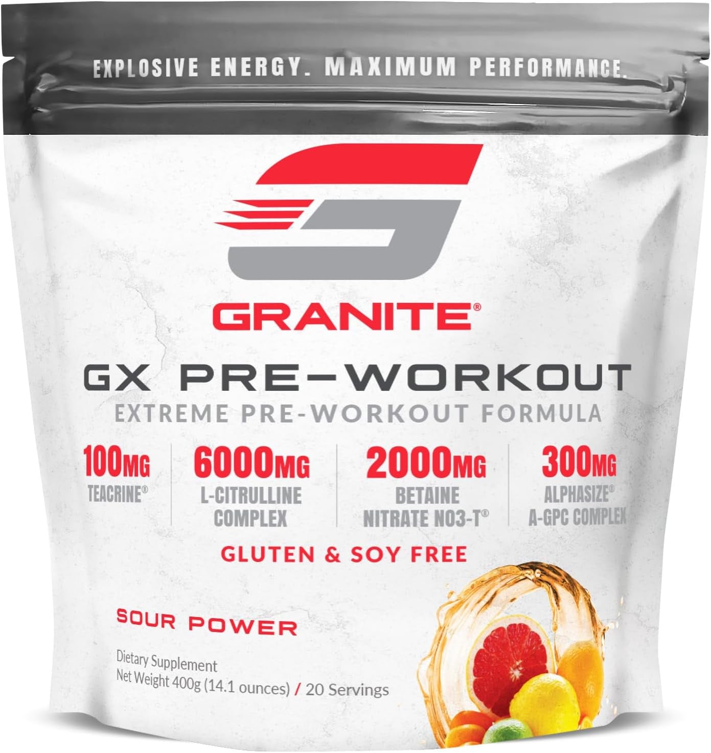 Granite GX Pre Workout Supplement, Sour Power Flavor, Supports Focus, Energy, & Performance with Teacrine, L-Citrulline, Betaine, & A-GPC (20 Servings)