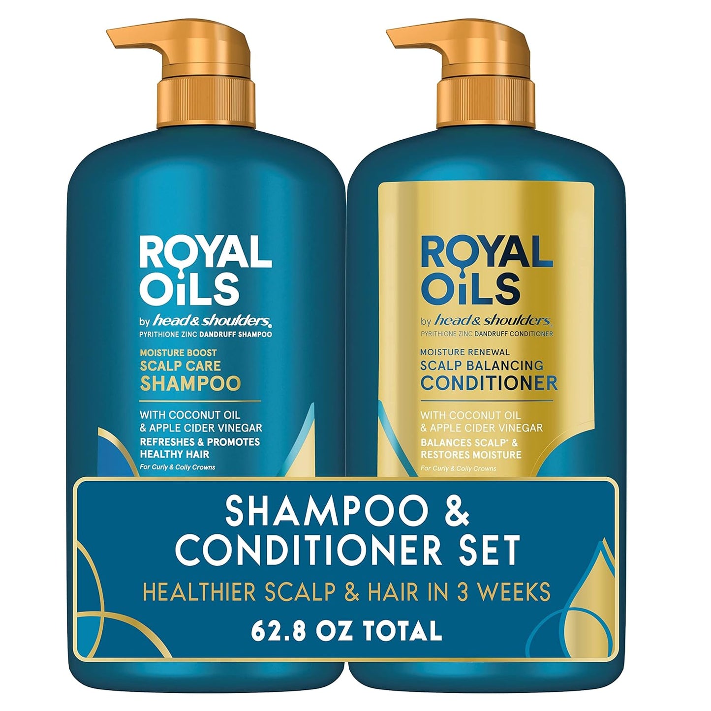 Head & Shoulders Royal Oils Dandruff Shampoo and Conditioner Set, Coconut Oil & Apple Cider Vinegar, Moisture Renewal, Scalp Relief, Curly & Coily Hair, anti Dandruff, 31.4 Fl Oz Each, 2 Pack