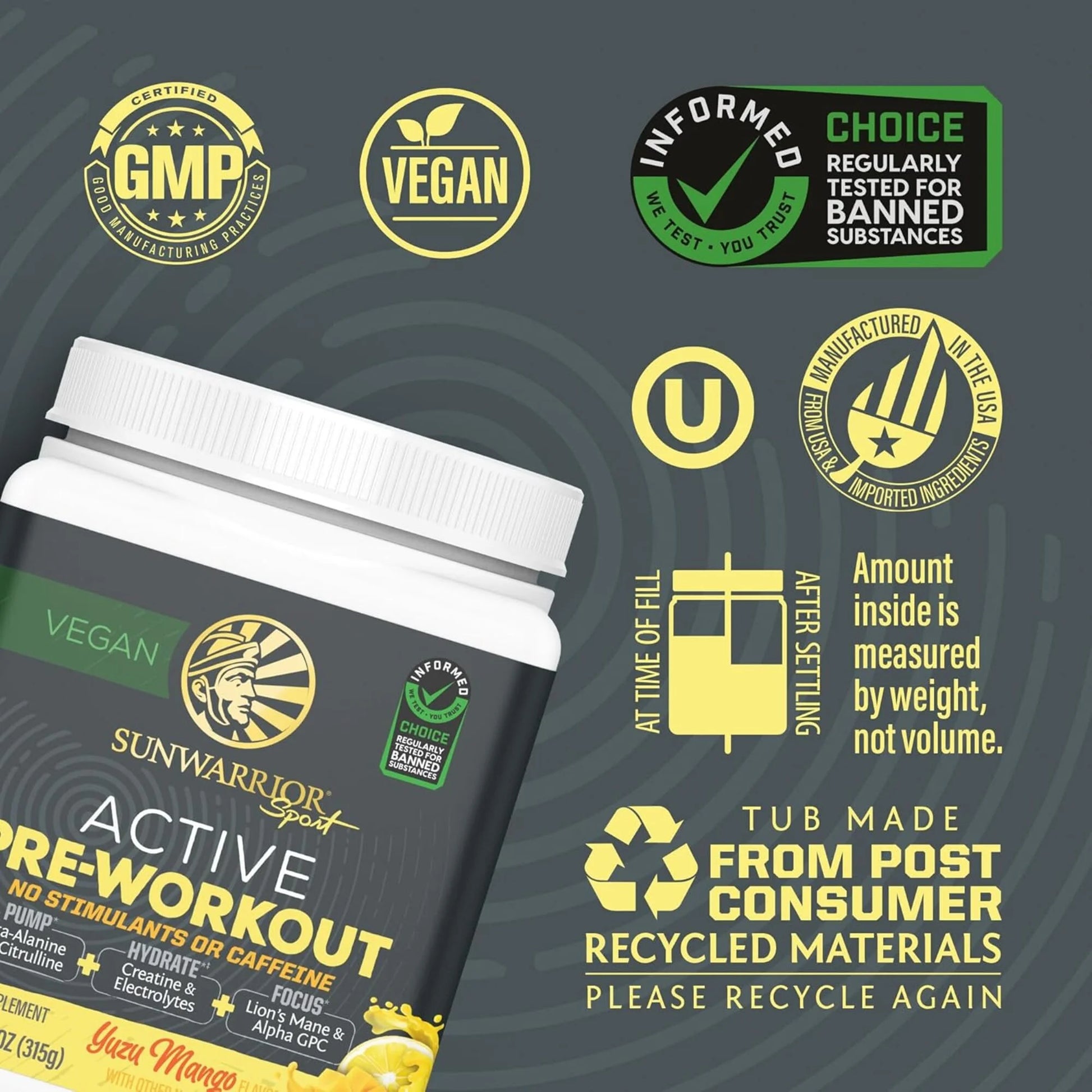 Active Pre-Workout Powder for Men, Caffeine-Free, Yuzu Mango, 11.1 Oz (30 Servings)