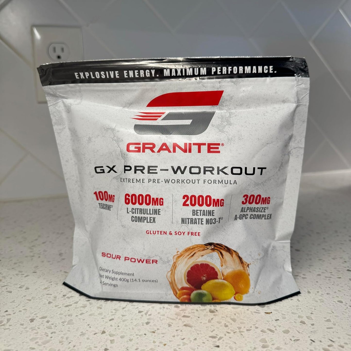 Granite GX Pre Workout Supplement, Sour Power Flavor, Supports Focus, Energy, & Performance with Teacrine, L-Citrulline, Betaine, & A-GPC (20 Servings)