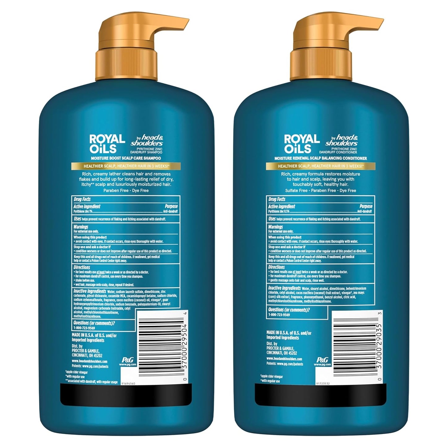 Head & Shoulders Royal Oils Dandruff Shampoo and Conditioner Set, Coconut Oil & Apple Cider Vinegar, Moisture Renewal, Scalp Relief, Curly & Coily Hair, anti Dandruff, 31.4 Fl Oz Each, 2 Pack