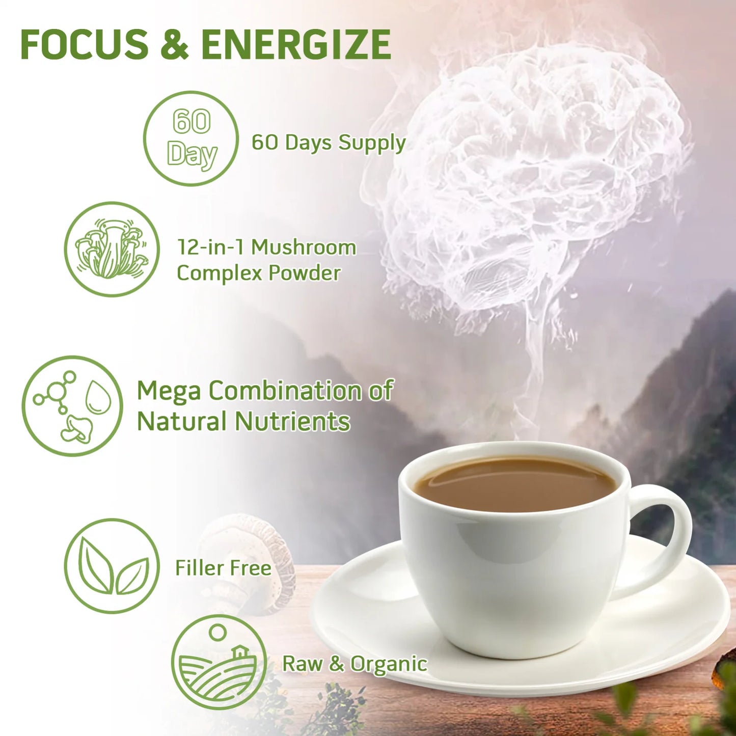 Mushroom Coffee- 10 Mushroom Blend plus Cordycepsour Superfood Powder- 6.2Oz (60 Servings) by