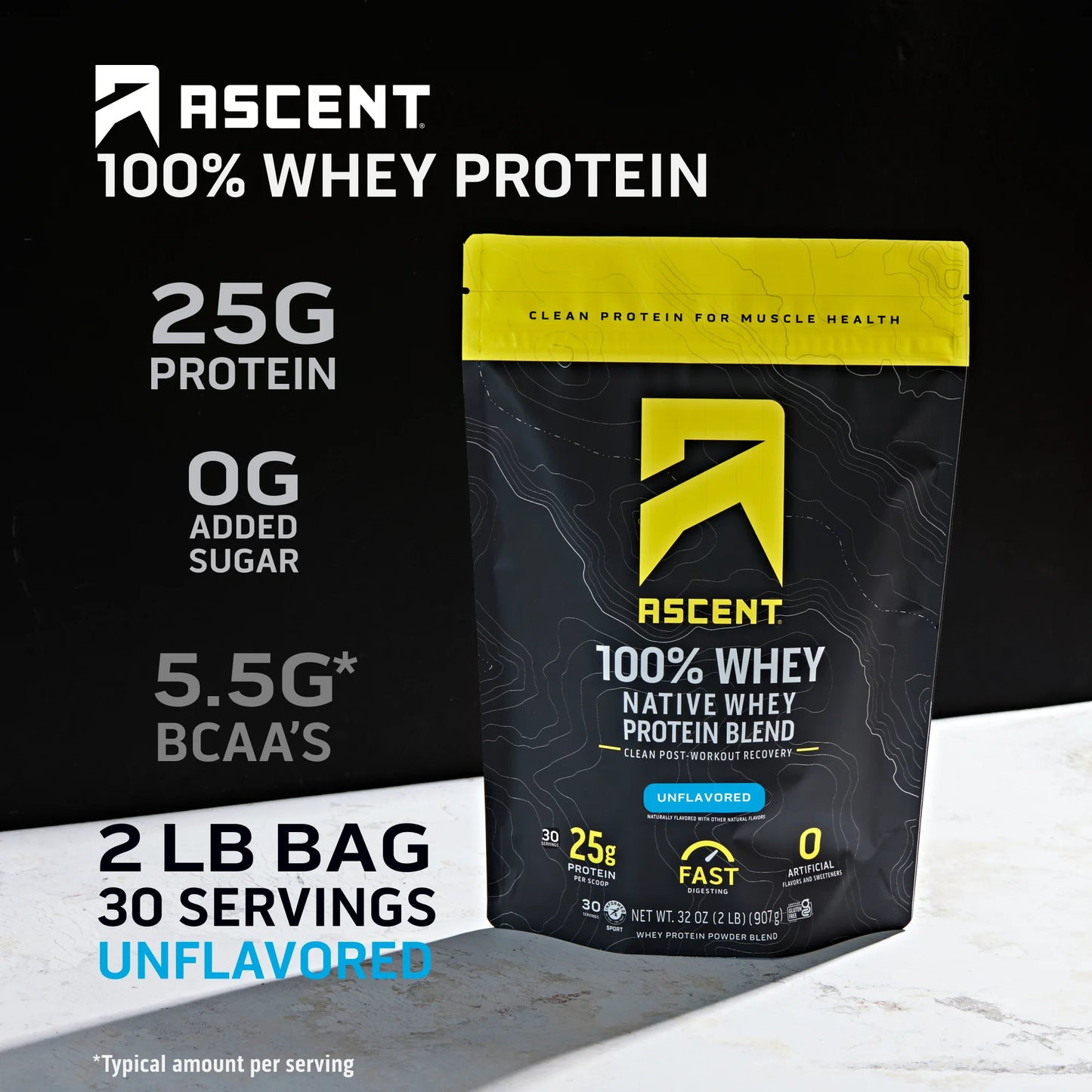 100% Whey Protein Powder - Post Workout Whey Protein Isolate, Zero Artificial Flavors & Sweeteners, Gluten Free, 5.5G BCAA, 2.6G Leucine, Essential Amino Acids, Unflavored 2 Lb