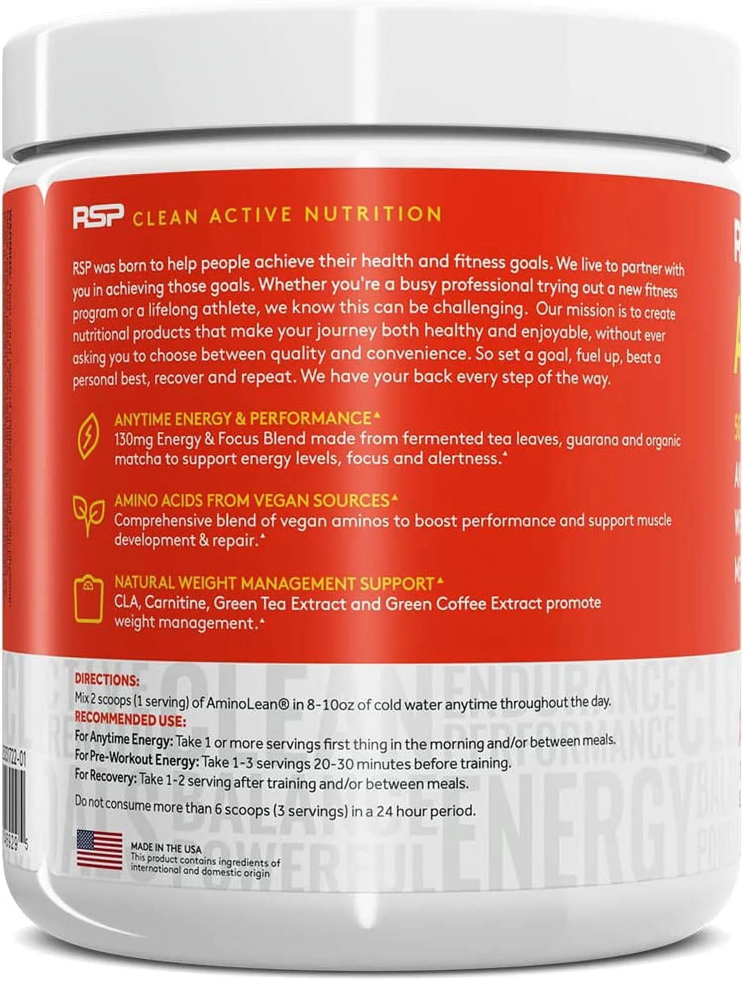 Vegan Aminolean Pre Workout Powder with Bcaas, Natural Amino Energy for Lean Muscle, Mango Flavor, 25 Servings