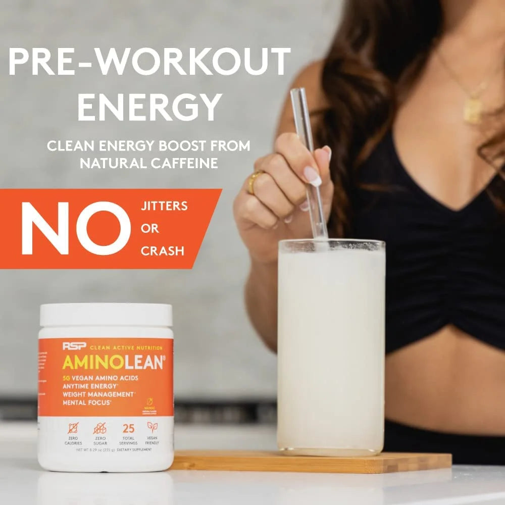 Vegan Aminolean Pre Workout Powder with Bcaas, Natural Amino Energy for Lean Muscle, Mango Flavor, 25 Servings