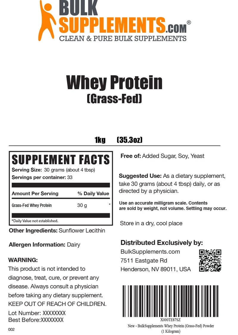 Bulksupplements Grass-Fed Whey Protein Powder - Whey Protein Concentrate, Protein Supplement - Unflavored, 30G per Serving, 1Kg (2.2 Lbs)