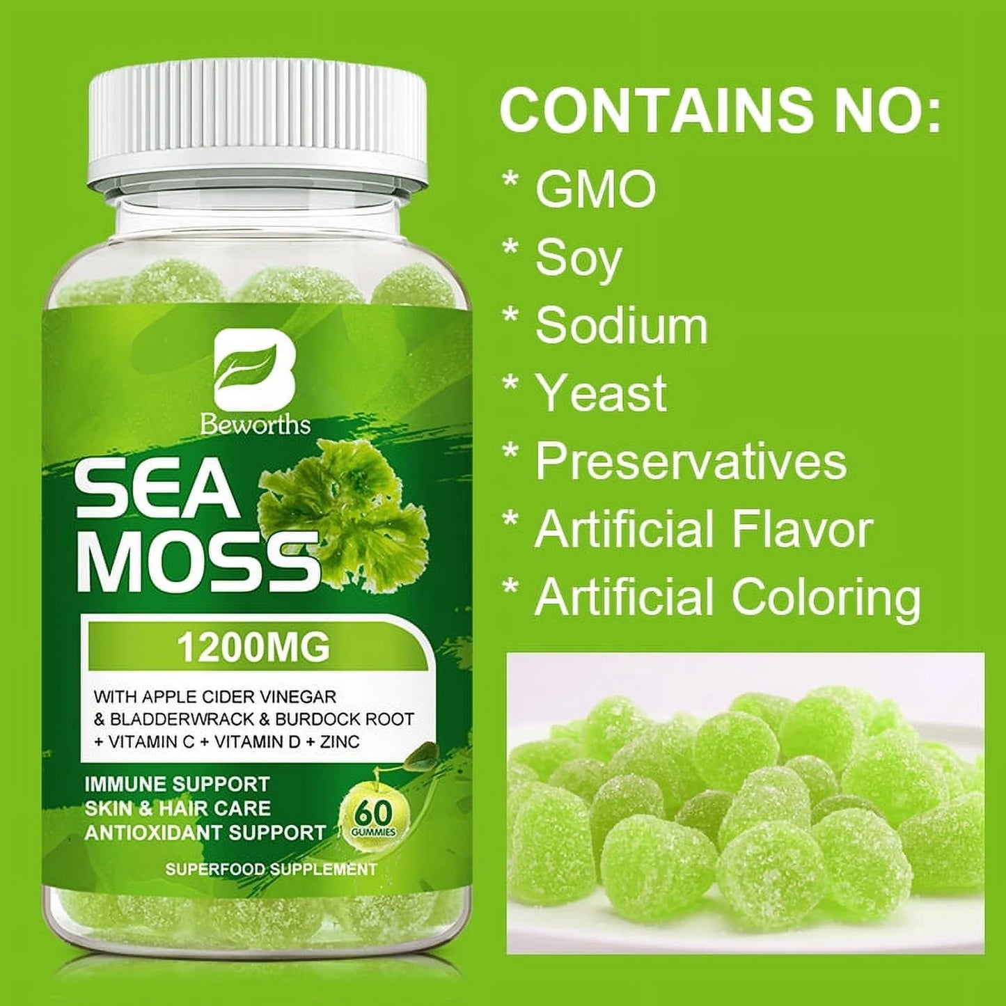 Organic Sea Moss Gummies - Seamoss Supplement for Thyroid, Energy, Immune Support - 60 Vegan Gummies