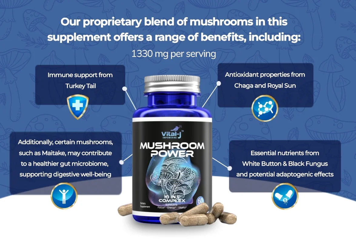 Mushroom Power Complex 10-In-1 Nootropic Dietary Supplement for Gut Microbiome, Focus, Energy & Vitality - 60 Capsules