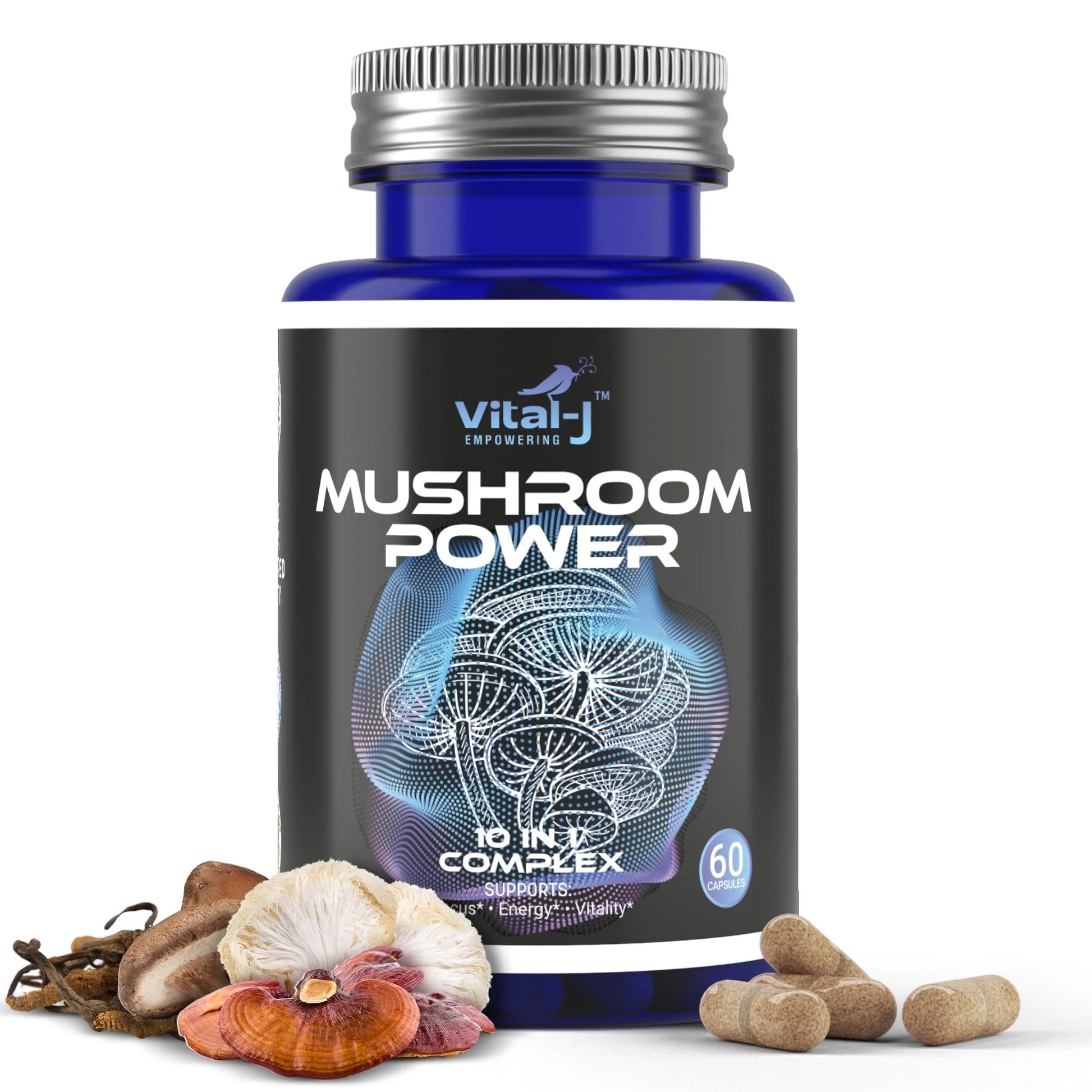 Mushroom Power Complex 10-In-1 Nootropic Dietary Supplement for Gut Microbiome, Focus, Energy & Vitality - 60 Capsules