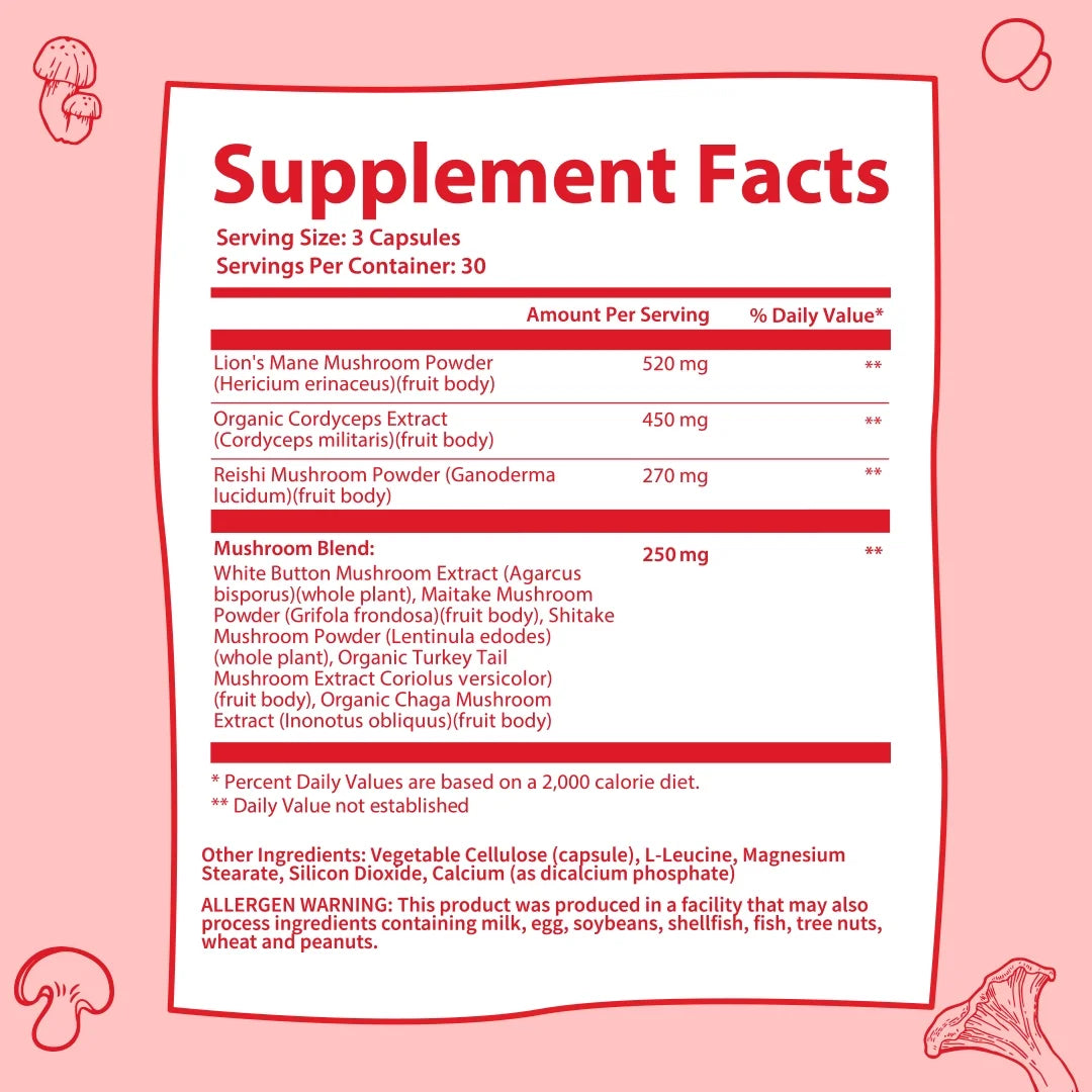 Focus 8 Mushroom Supplement Complex with Lion’S Mane & Reishi for Memory & Immune Support, 90 Ct