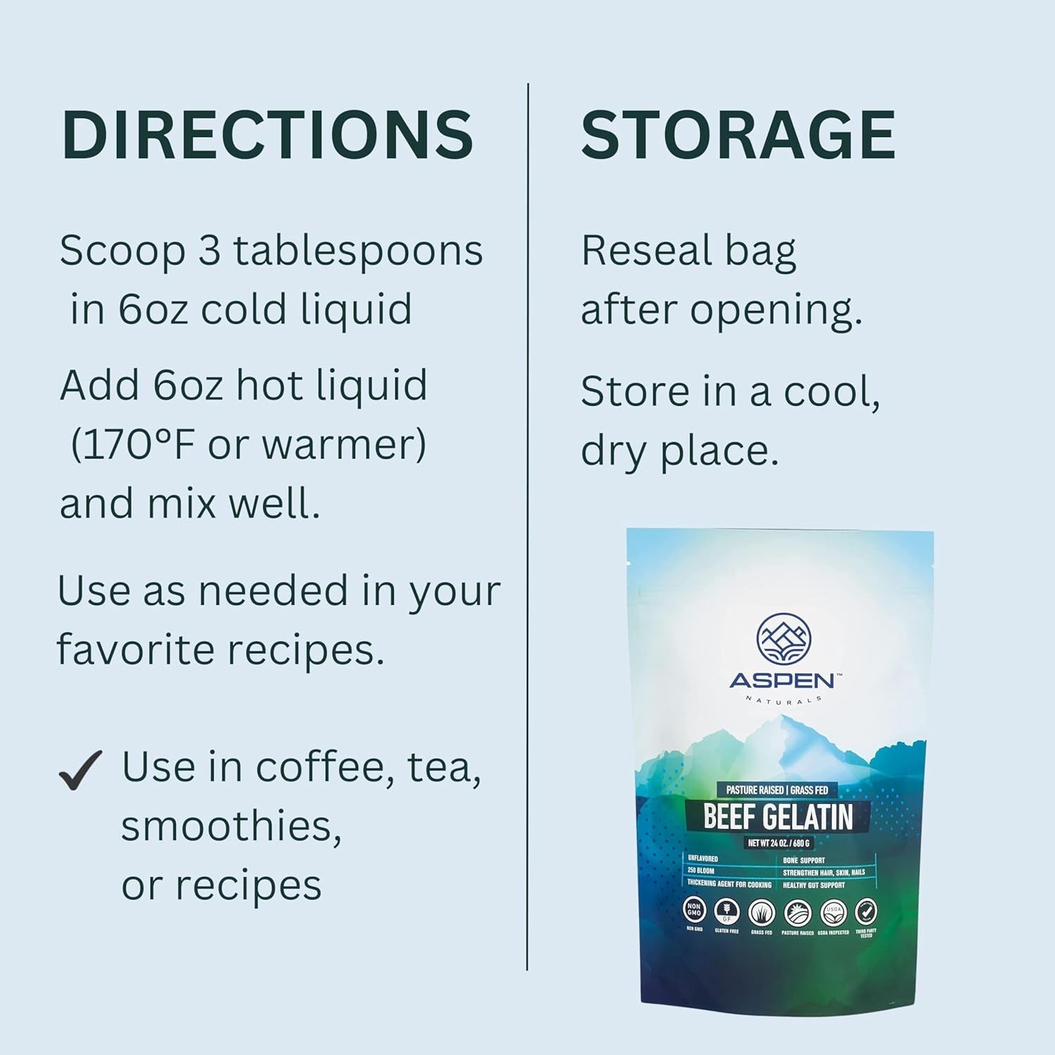 ASPEN NATURALS Beef Gelatin Powder Unflavored 24 Oz | Grass Fed, Pasture-Raised | Non-Gmo, Gluten-Free, Paleo-Friendly | Premium Culinary Gelatin | Cooking, Baking, Gummies, Marshmallows & More