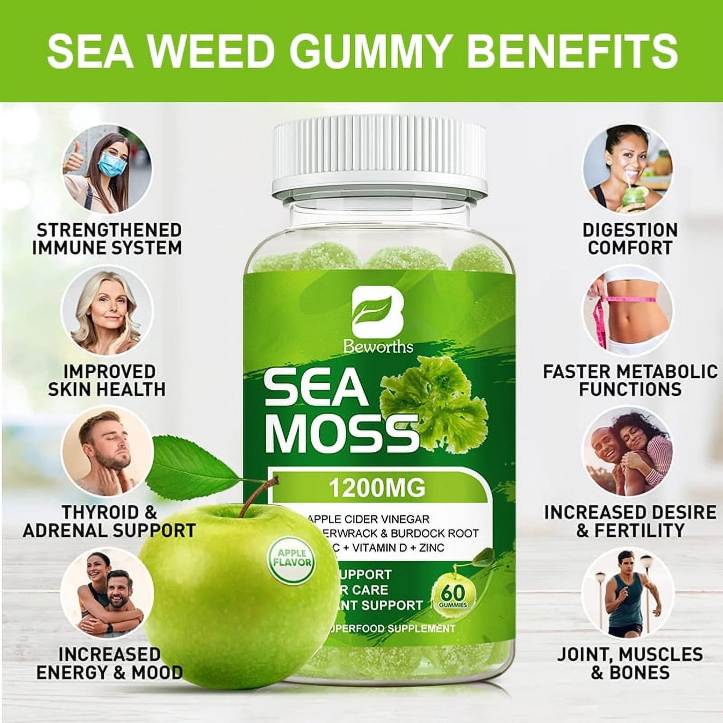 Organic Sea Moss Gummies - Seamoss Supplement for Thyroid, Energy, Immune Support - 60 Vegan Gummies