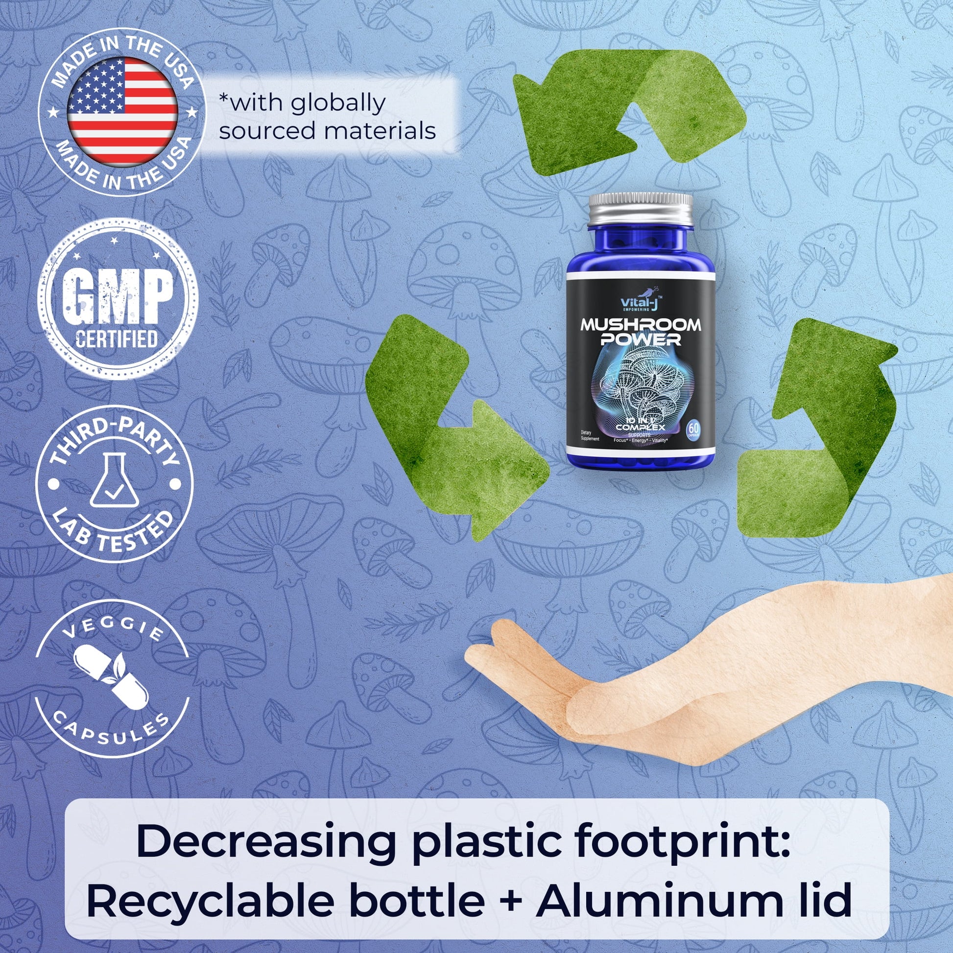 Mushroom Power Complex 10-In-1 Nootropic Dietary Supplement for Gut Microbiome, Focus, Energy & Vitality - 60 Capsules