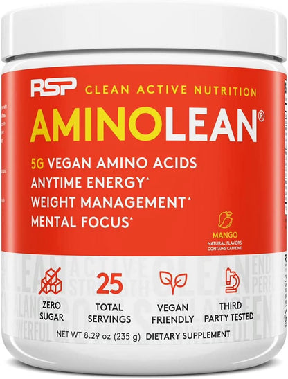 Vegan Aminolean Pre Workout Powder with Bcaas, Natural Amino Energy for Lean Muscle, Mango Flavor, 25 Servings