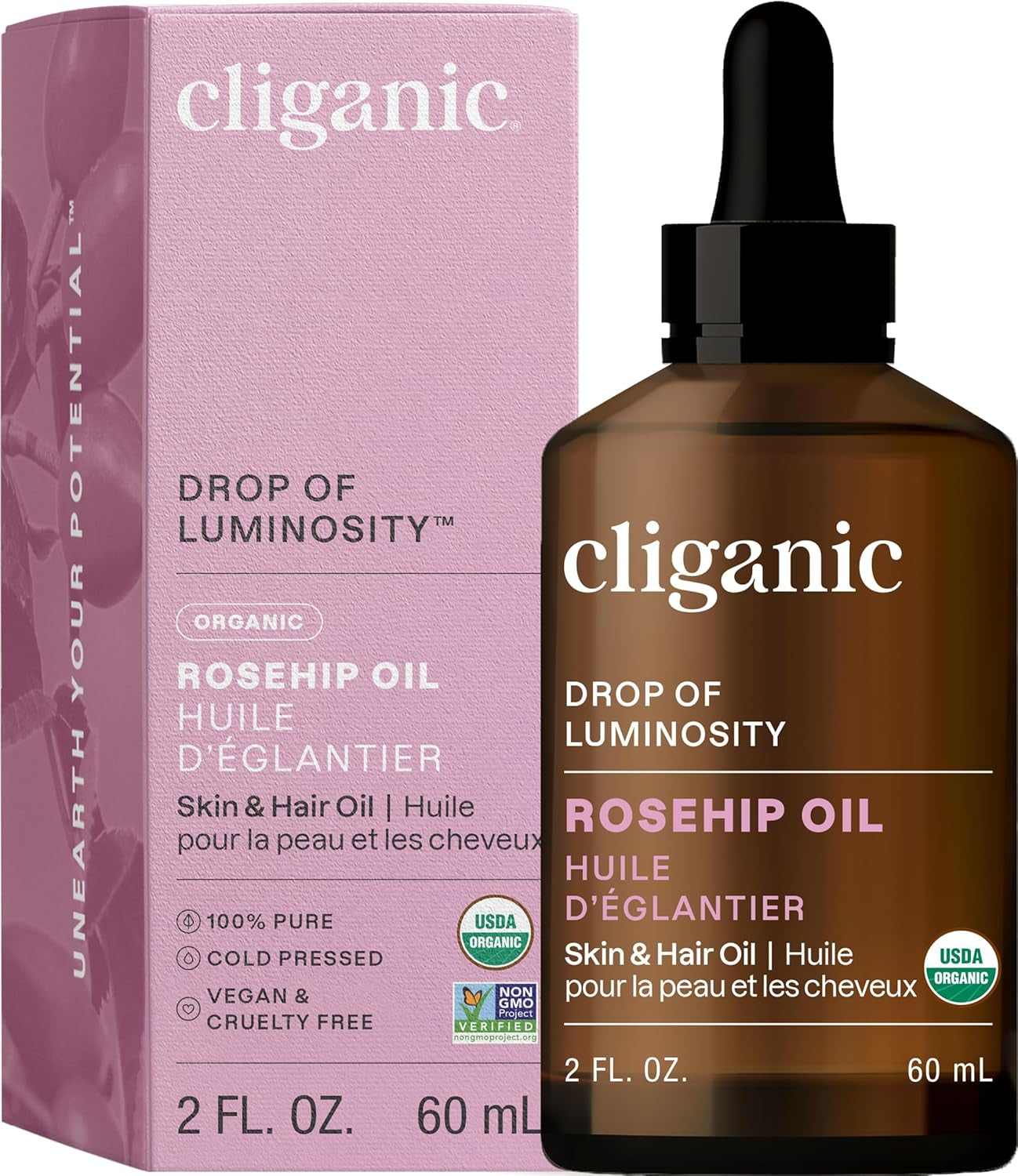 Cliganic Organic Rosehip Seed Oil for Face, 100% Pure | Natural Cold Pressed Unrefined Non-Gmo | Carrier Oil for Skin, Hair & Nails (Packaging May Vary)