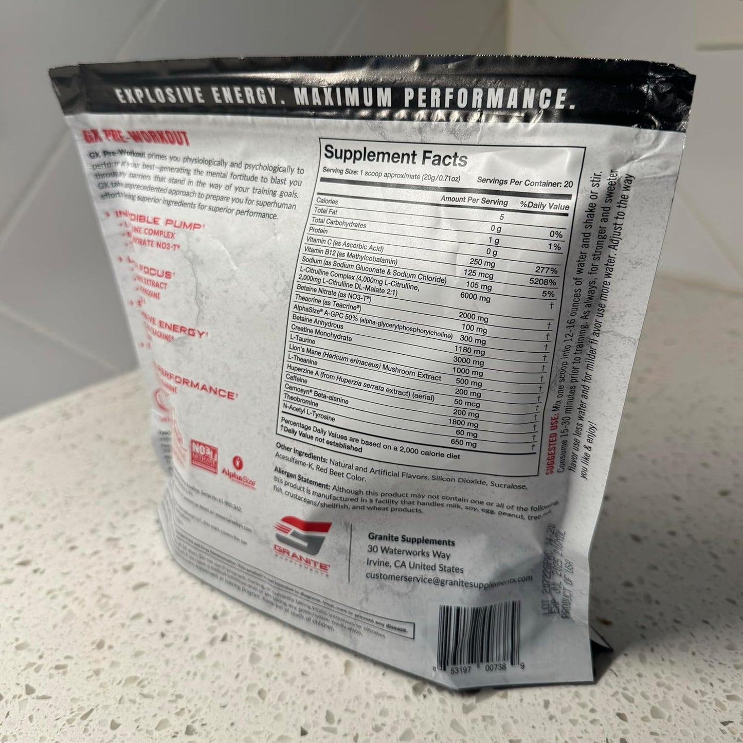 Granite GX Pre Workout Supplement, Sour Power Flavor, Supports Focus, Energy, & Performance with Teacrine, L-Citrulline, Betaine, & A-GPC (20 Servings)