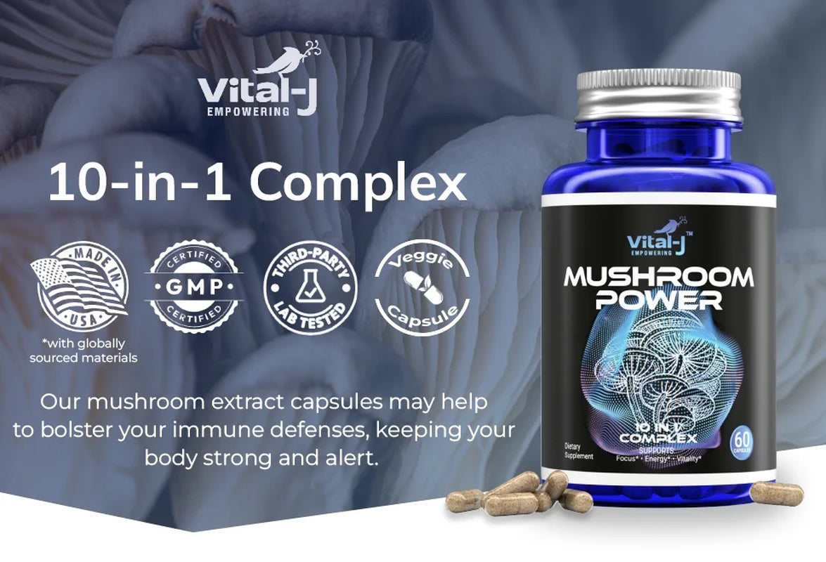 Mushroom Power Complex 10-In-1 Nootropic Dietary Supplement for Gut Microbiome, Focus, Energy & Vitality - 60 Capsules