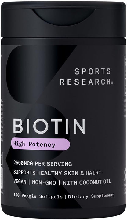 Sports Research® Biotin 10,000Mcg with Organic Coconut Oil - Biotin (Vitamin B7) for Healthy Skin and Hair Support* - for Women and Men - Vegan, Non-Gmo, Gluten & Soy-Free - 120 Veggie Softgels