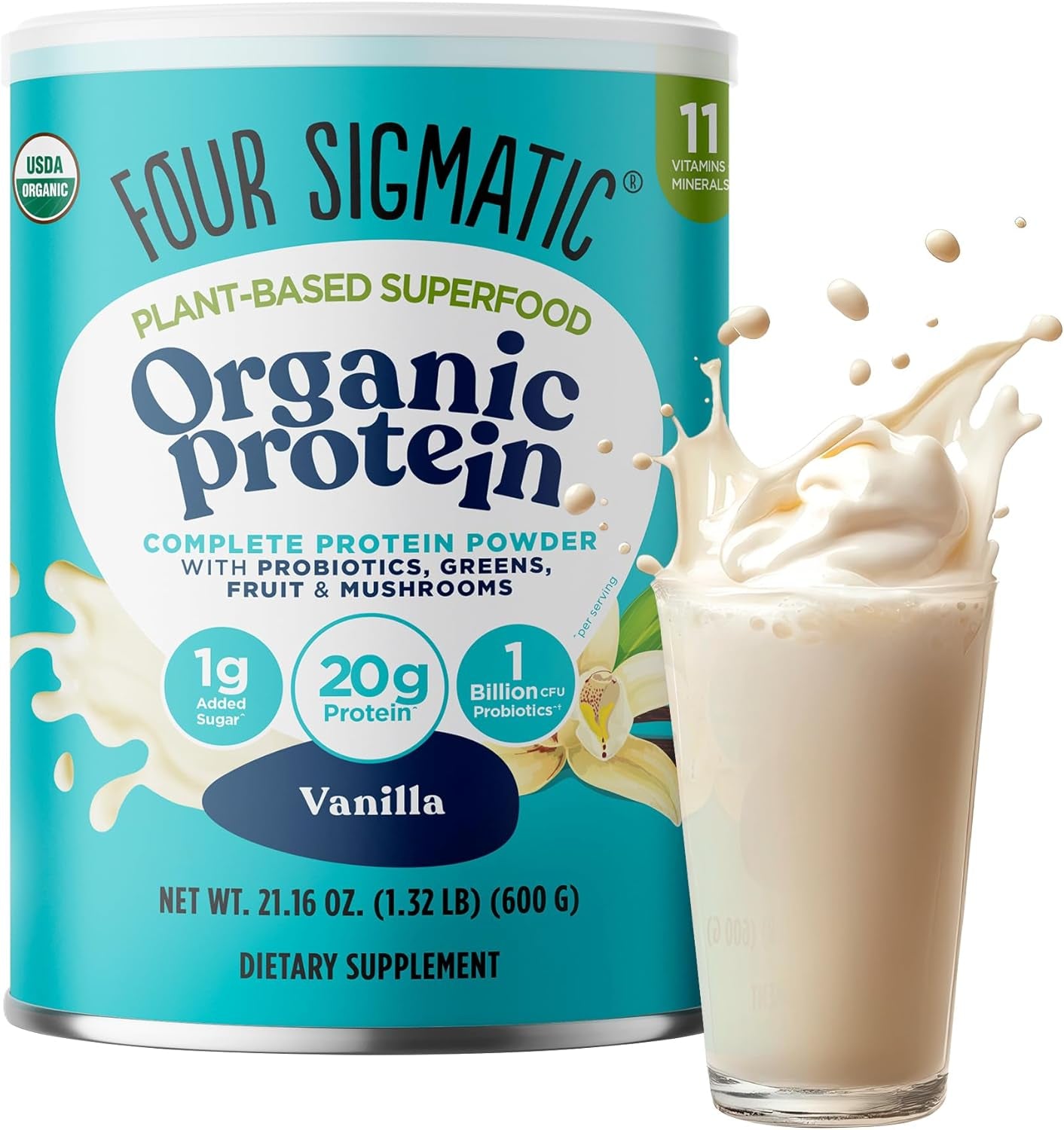 Four Sigmatic Organic Plant-Based Protein Powder Unflavored Protein with Lion’S Mane, Chaga, Cordyceps and More | Clean Vegan Protein Elevated for Brain Function and Immune Support | 16.9 Oz