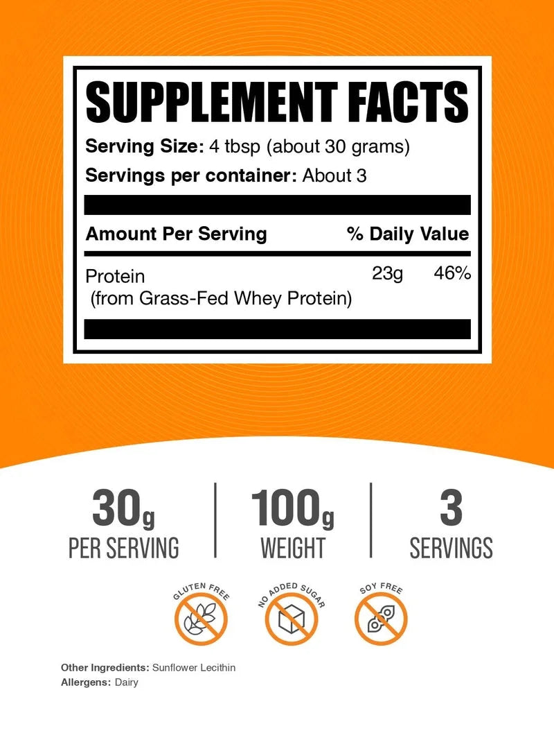 Bulksupplements Grass-Fed Whey Protein Powder - Whey Protein Concentrate, Protein Supplement - Unflavored, 30G per Serving, 1Kg (2.2 Lbs)