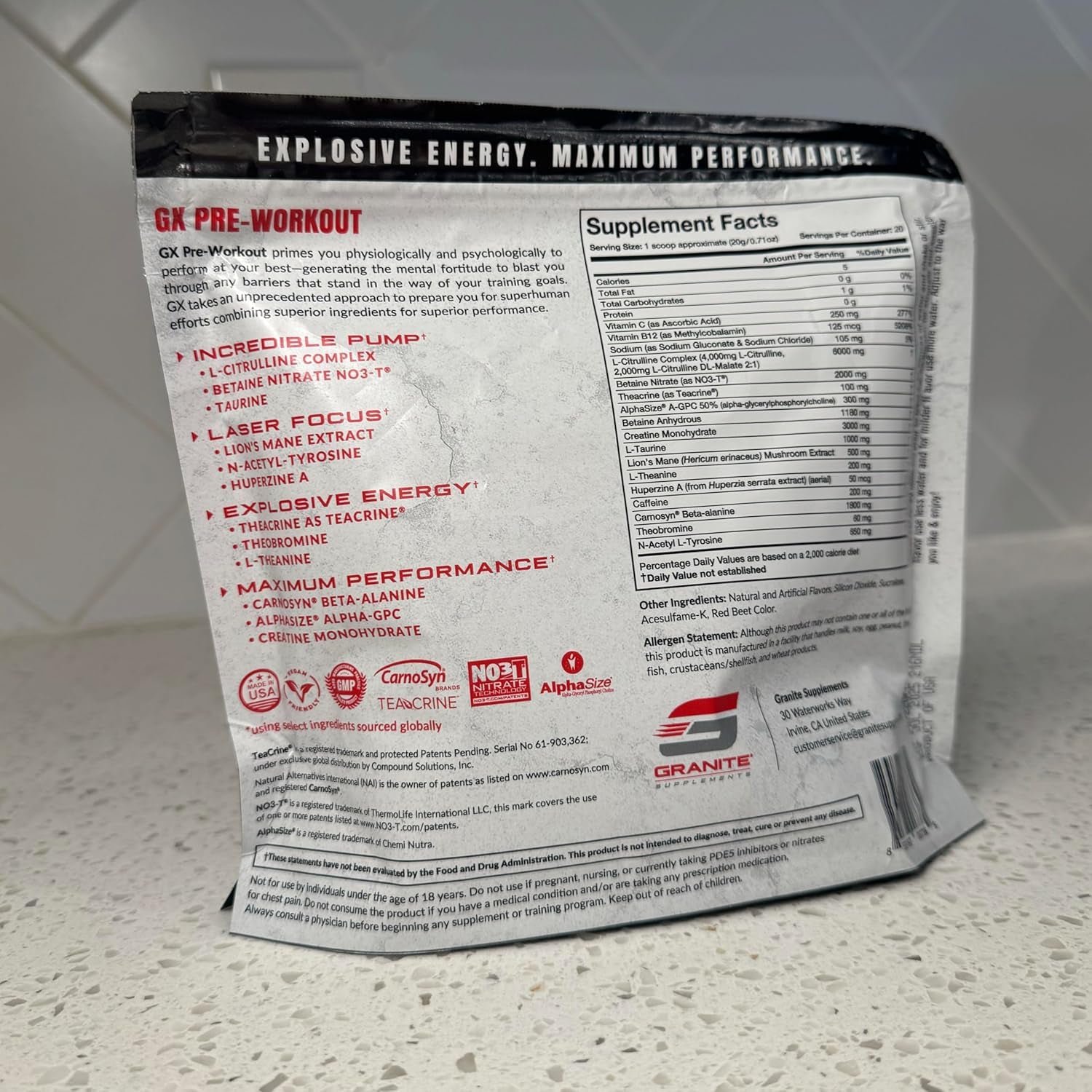 Granite GX Pre Workout Supplement, Sour Power Flavor, Supports Focus, Energy, & Performance with Teacrine, L-Citrulline, Betaine, & A-GPC (20 Servings)