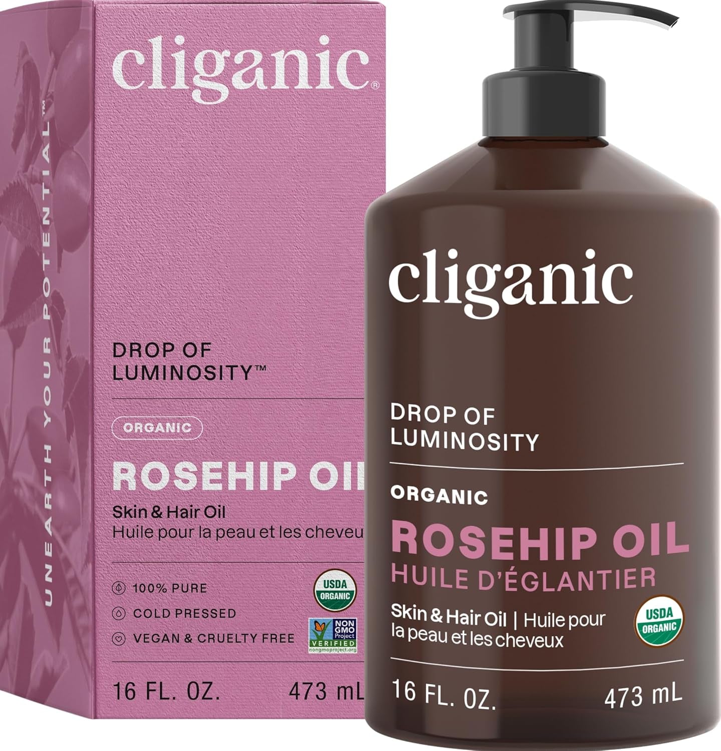 Cliganic Organic Rosehip Seed Oil for Face, 100% Pure | Natural Cold Pressed Unrefined Non-Gmo | Carrier Oil for Skin, Hair & Nails (Packaging May Vary)