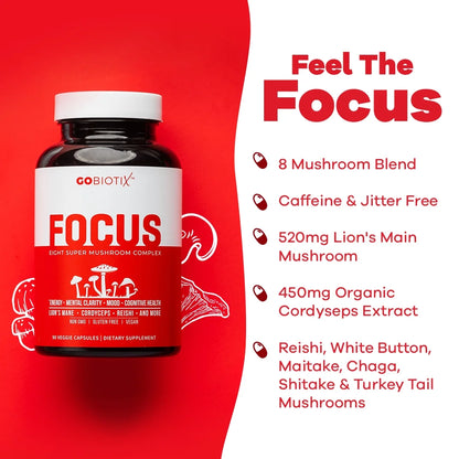 Focus 8 Mushroom Supplement Complex with Lion’S Mane & Reishi for Memory & Immune Support, 90 Ct