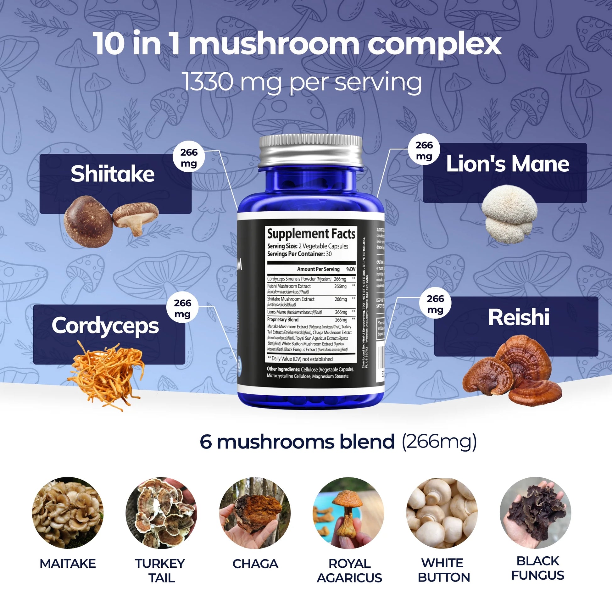 Mushroom Power Complex 10-In-1 Nootropic Dietary Supplement for Gut Microbiome, Focus, Energy & Vitality - 60 Capsules
