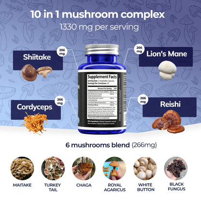 Mushroom Power Complex 10-In-1 Nootropic Dietary Supplement for Gut Microbiome, Focus, Energy & Vitality - 60 Capsules