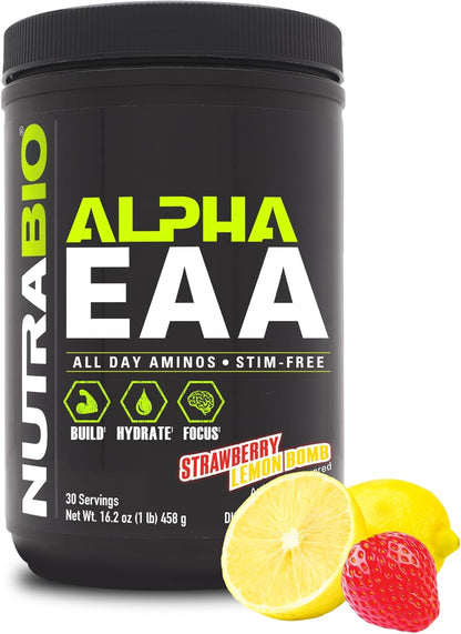 Nutrabio Alpha EAA - All-Day Amino Acids for Muscle Growth and Hydration - Essential Amino Acids with Nootropics & Adaptogens- Full Spectrum EAA BCAA Powder - 30 Servings - Cherry Lime Slush