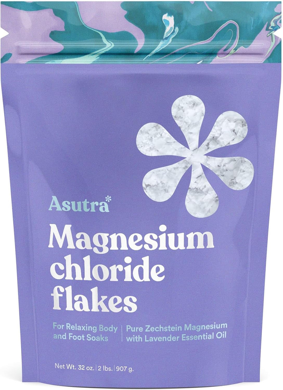 ASUTRA Magnesium Chloride Bath Flakes, 2 Lbs - for Relaxing Foot & Body Soaks, Epsom Salt Alternative, Rapid Absorption