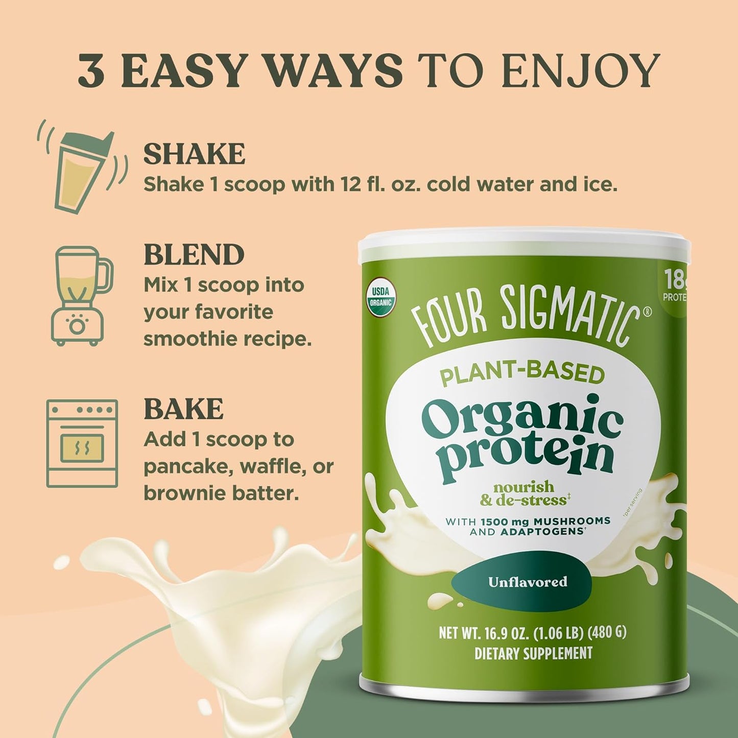 Four Sigmatic Organic Plant-Based Protein Powder Unflavored Protein with Lion’S Mane, Chaga, Cordyceps and More | Clean Vegan Protein Elevated for Brain Function and Immune Support | 16.9 Oz