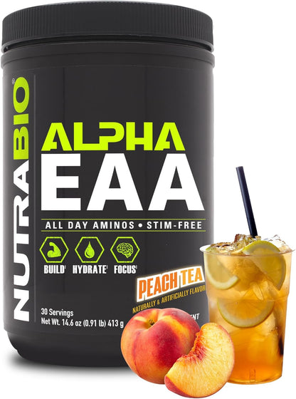 Nutrabio Alpha EAA - All-Day Amino Acids for Muscle Growth and Hydration - Essential Amino Acids with Nootropics & Adaptogens- Full Spectrum EAA BCAA Powder - 30 Servings - Cherry Lime Slush