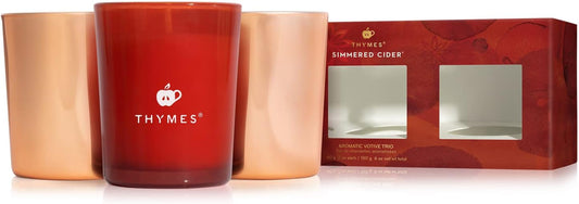 Thymes Aromatic Votive Trio – Set of Three Votive Candles – Luxury Home Fragrance – Scented Candles with Notes of Freshly Pressed Apple, Clove, & Cardamom – Red & Rose Gold (Simmered Cider, 2 Oz Each)