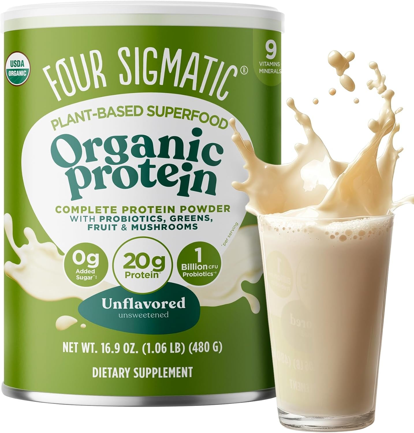 Four Sigmatic Organic Plant-Based Protein Powder Unflavored Protein with Lion’S Mane, Chaga, Cordyceps and More | Clean Vegan Protein Elevated for Brain Function and Immune Support | 16.9 Oz