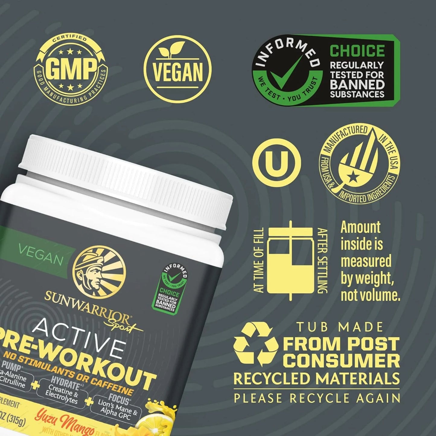 Active Pre-Workout Powder for Men, Caffeine-Free, Yuzu Mango, 11.1 Oz (30 Servings)