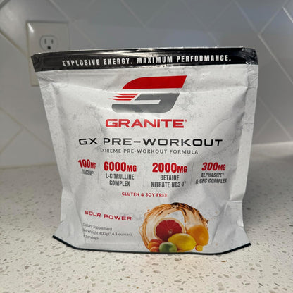 Granite GX Pre Workout Supplement, Sour Power Flavor, Supports Focus, Energy, & Performance with Teacrine, L-Citrulline, Betaine, & A-GPC (20 Servings)
