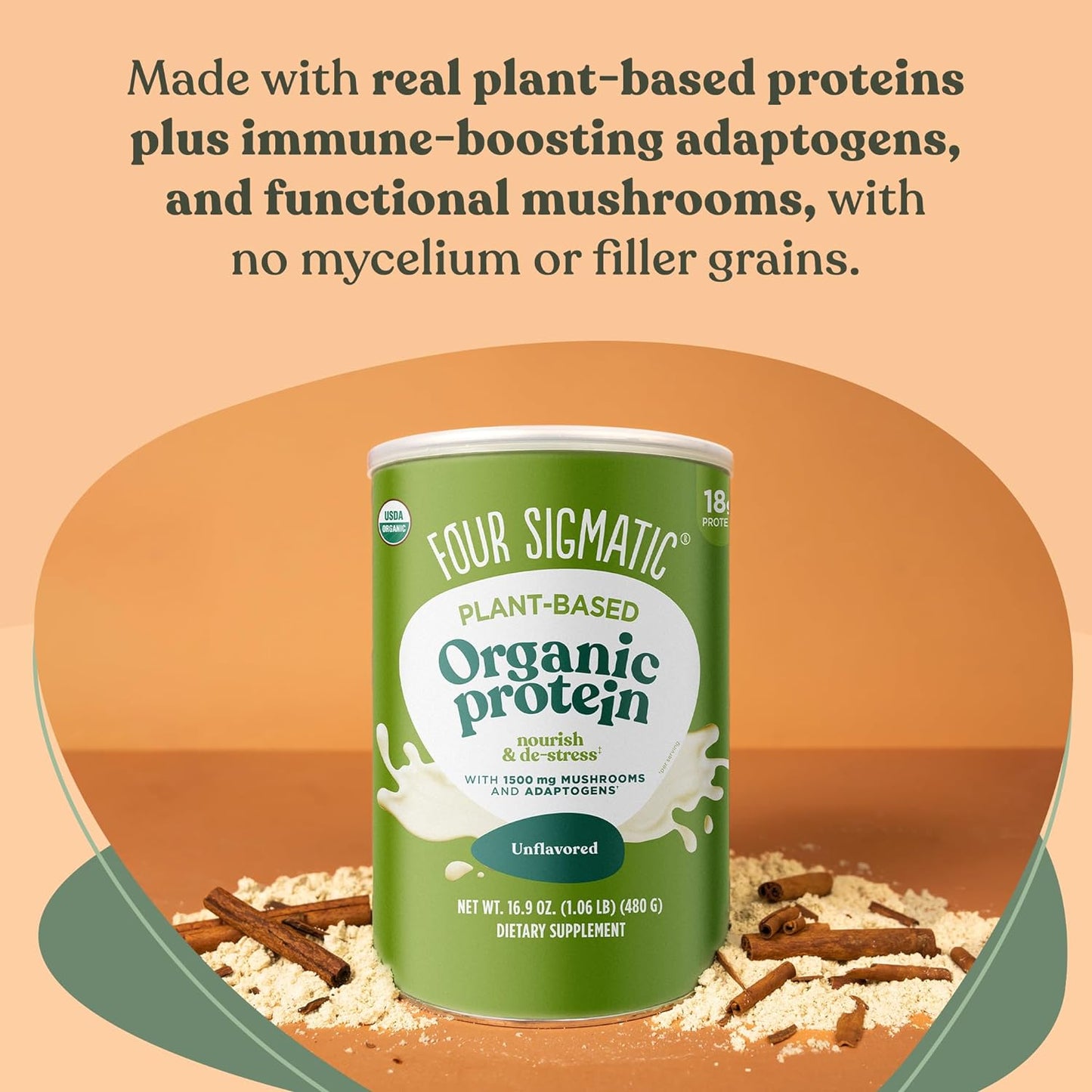 Four Sigmatic Organic Plant-Based Protein Powder Unflavored Protein with Lion’S Mane, Chaga, Cordyceps and More | Clean Vegan Protein Elevated for Brain Function and Immune Support | 16.9 Oz