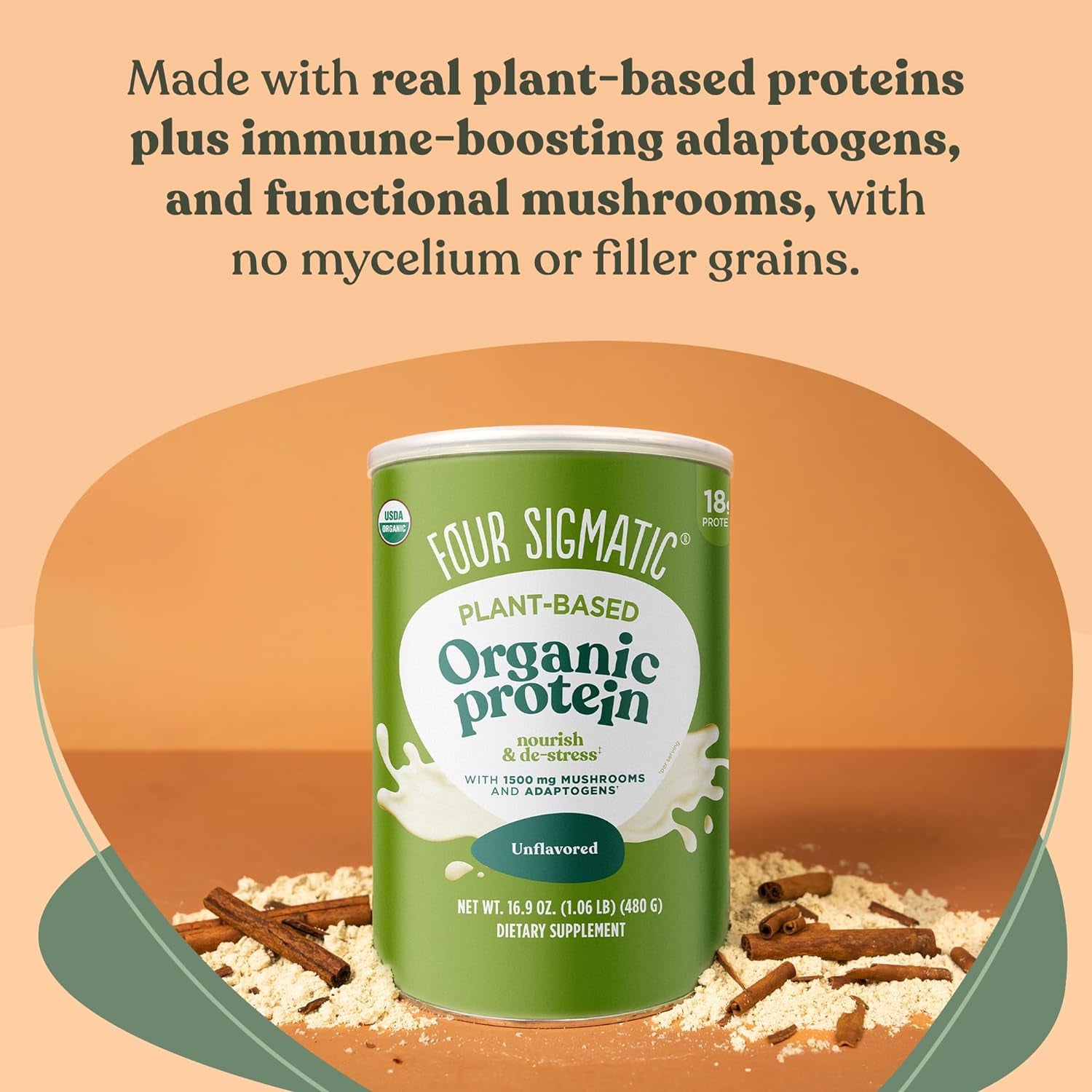 Four Sigmatic Organic Plant-Based Protein Powder Unflavored Protein with Lion’S Mane, Chaga, Cordyceps and More | Clean Vegan Protein Elevated for Brain Function and Immune Support | 16.9 Oz
