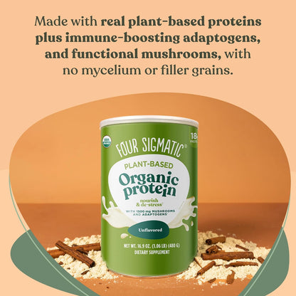 Four Sigmatic Organic Plant-Based Protein Powder Unflavored Protein with Lion’S Mane, Chaga, Cordyceps and More | Clean Vegan Protein Elevated for Brain Function and Immune Support | 16.9 Oz