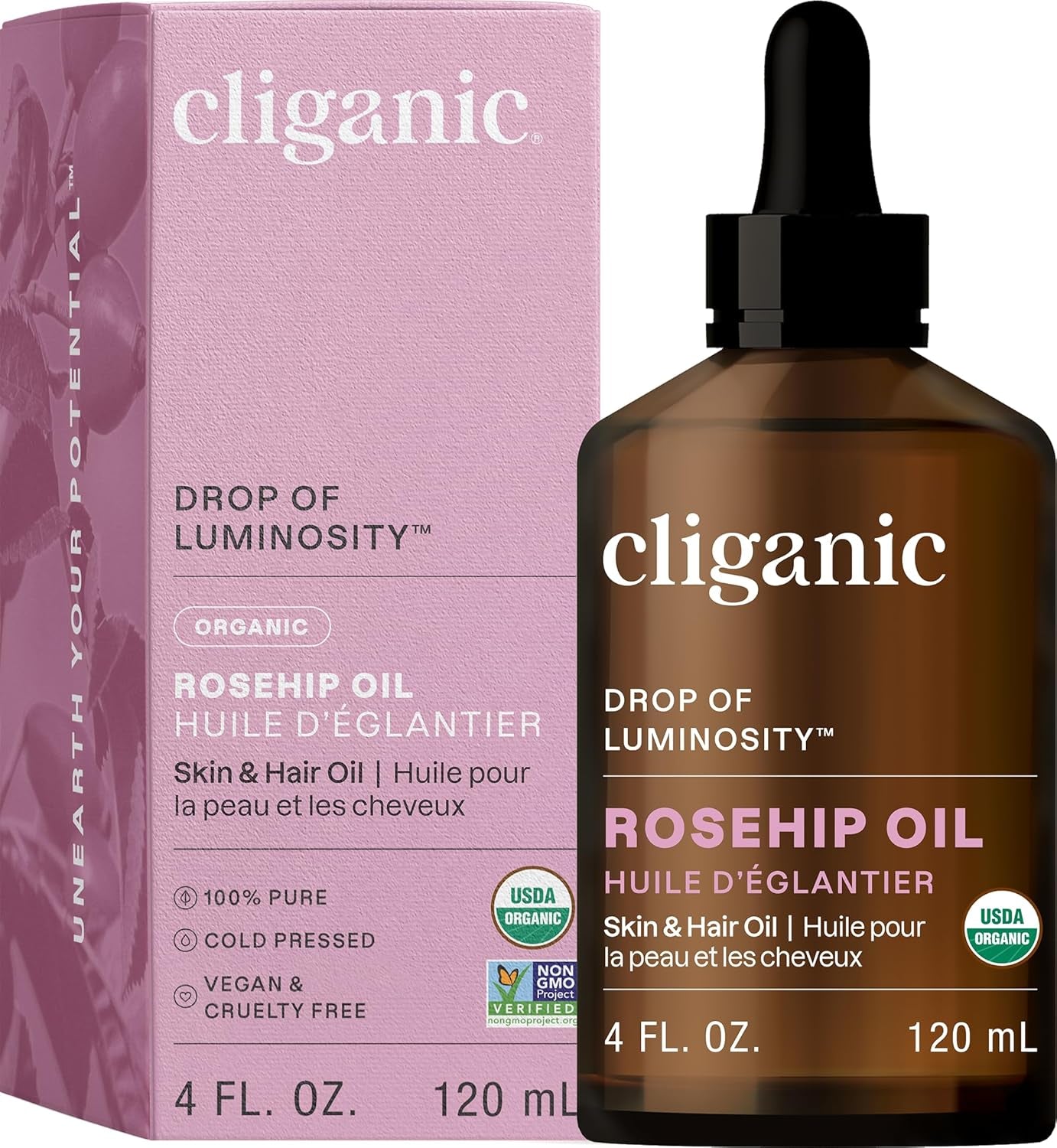 Cliganic Organic Rosehip Seed Oil for Face, 100% Pure | Natural Cold Pressed Unrefined Non-Gmo | Carrier Oil for Skin, Hair & Nails (Packaging May Vary)