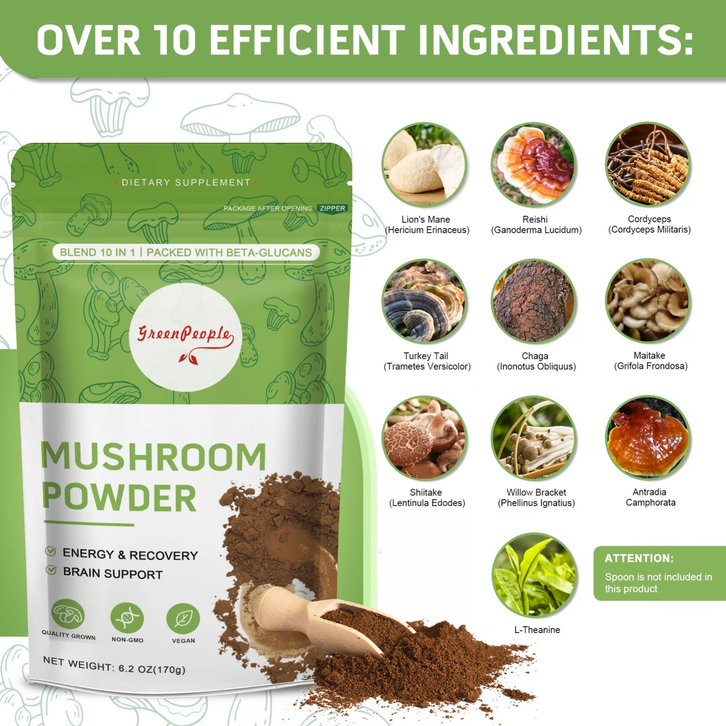 Mushroom Coffee- 10 Mushroom Blend plus Cordycepsour Superfood Powder- 6.2Oz (60 Servings) by