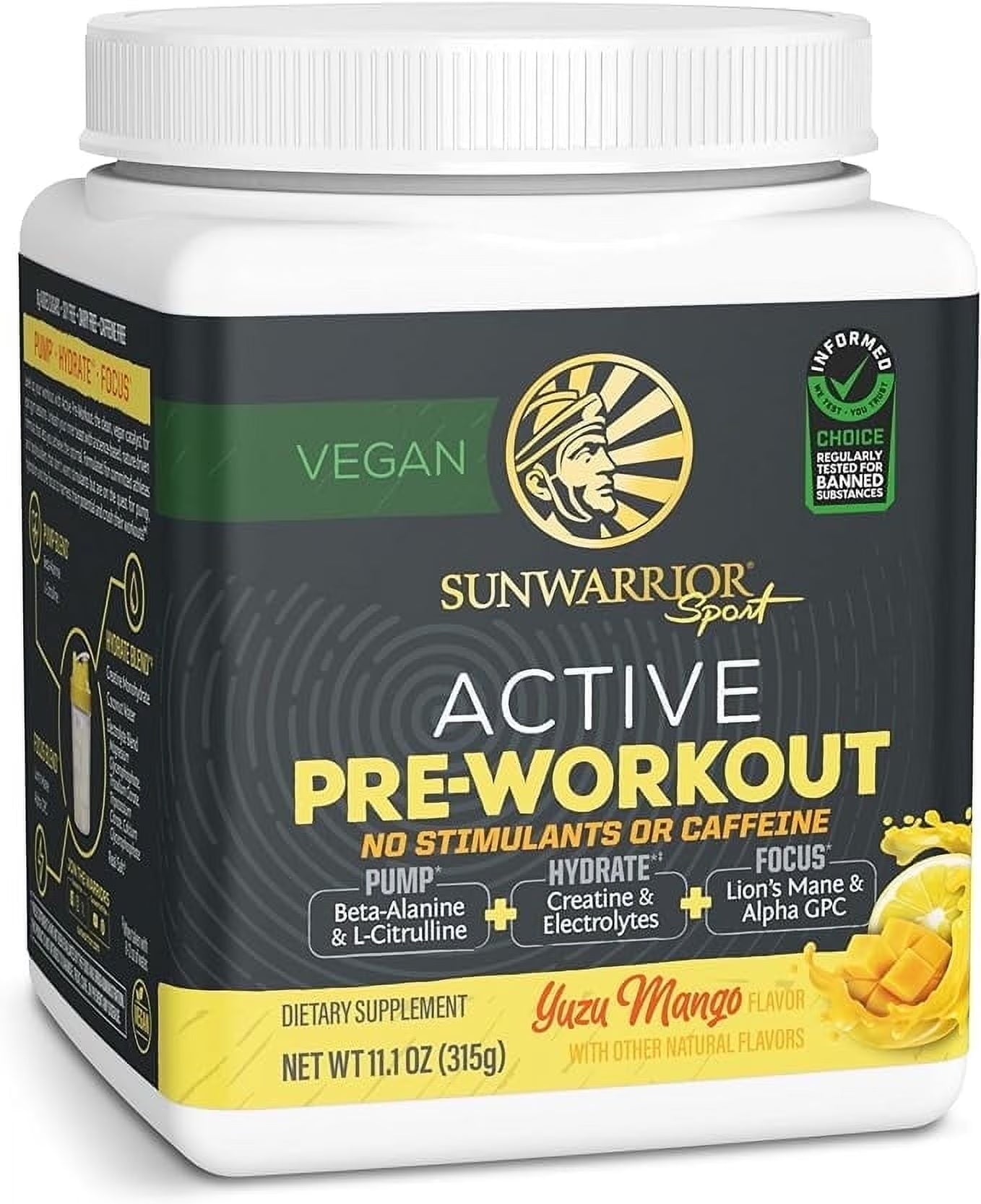 Active Pre-Workout Powder for Men, Caffeine-Free, Yuzu Mango, 11.1 Oz (30 Servings)