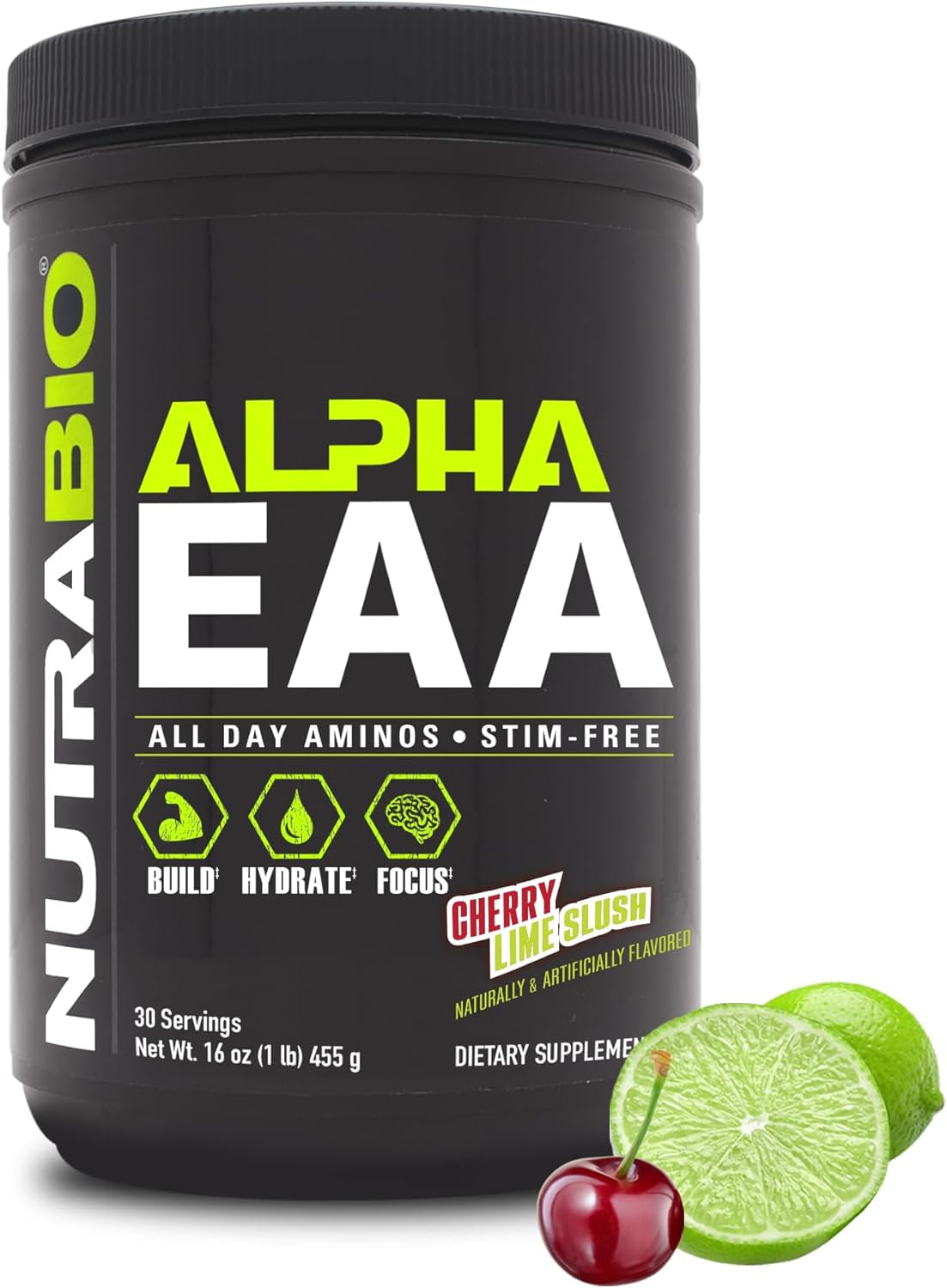 Nutrabio Alpha EAA - All-Day Amino Acids for Muscle Growth and Hydration - Essential Amino Acids with Nootropics & Adaptogens- Full Spectrum EAA BCAA Powder - 30 Servings - Cherry Lime Slush