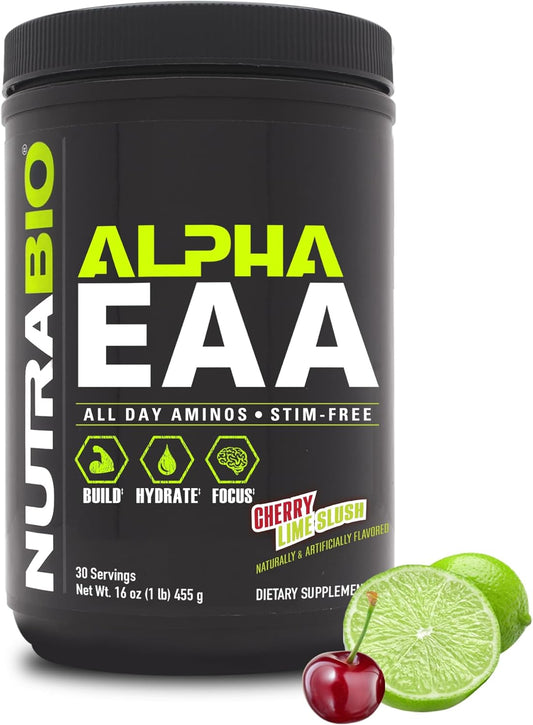 Nutrabio Alpha EAA - All-Day Amino Acids for Muscle Growth and Hydration - Essential Amino Acids with Nootropics & Adaptogens- Full Spectrum EAA BCAA Powder - 30 Servings - Cherry Lime Slush